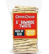 Canine Chews Small Rawhide Twists for Dogs - Pack of 100 5" Chicken Flavored Rawhide Sticks for S...