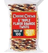 Canine Chews 5" Triple Flavor Rawhide Stick Twists for Small Dogs Dog Treat Dental Stick Chicken,...